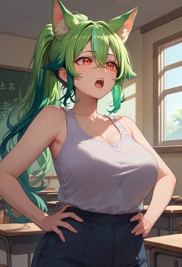 genshin impact,sucrose_(genshin_impact),tank top,mesh,cycling shorts  - AI generated anime art