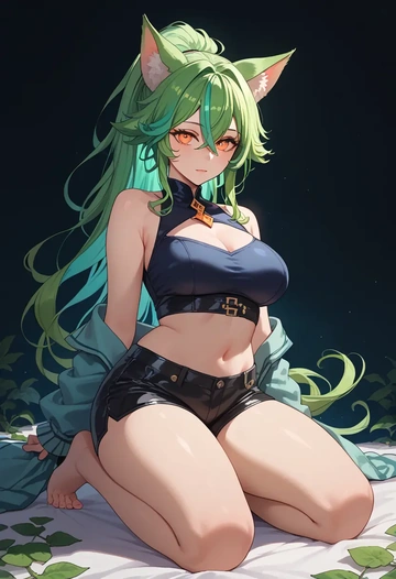 genshin impact,sucrose_(genshin_impact),leather,shorts,crop top  - AI generated anime art