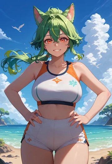 genshin impact,sucrose_(genshin_impact),tankini top,board shorts  - AI generated anime art