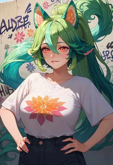 genshin impact,sucrose_(genshin_impact),oversized graffiti shirt,dolphin shorts  - AI generated anime art