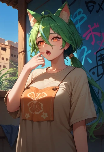 genshin impact,sucrose_(genshin_impact),oversized graffiti shirt,dolphin shorts  - AI generated anime art