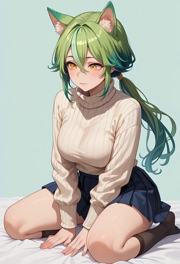 genshin impact,sucrose_(genshin_impact),skirt,pleated,turtleneck sweater  - AI generated anime art