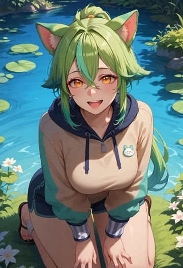 genshin impact,sucrose_(genshin_impact),hoodie,cropped,high-waisted joggers  - AI generated anime art