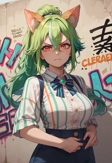 genshin impact,sucrose_(genshin_impact),striped graffiti blouse,dolphin shorts  - AI generated anime art