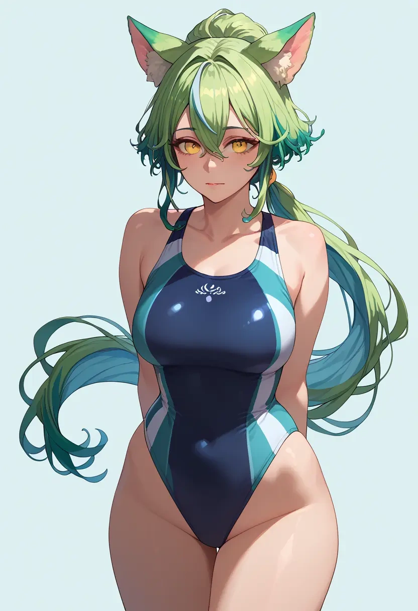 genshin impact,sucrose_(genshin_impact),racerback swimsuit,striped trim,name tag patch  - 