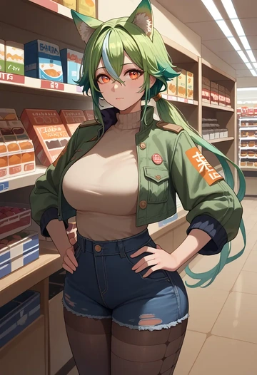 genshin impact,sucrose_(genshin_impact),denim jacket,cropped,leather leggings  - AI generated anime art