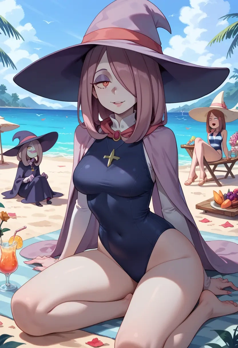 little_witch_academia,sucy_manbavaran,racerback swimsuit,striped trim,name tag patch  - 