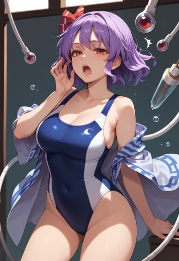 touhou,sukuna_shinmyoumaru,racerback swimsuit,striped trim,name tag patch  - AI generated anime art