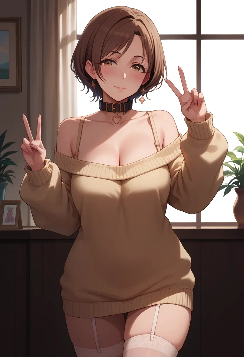 idolmaster,sunazuka_akira,blushing,collar,off-shoulder,sweater,stockings  - 