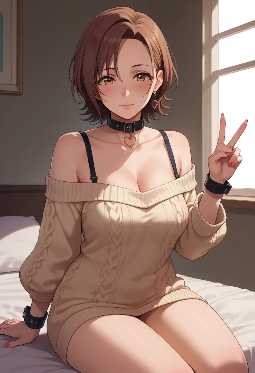 idolmaster,sunazuka_akira,blushing,collar,peace sign,off-shoulder,sweater  - 