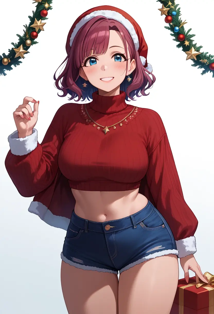 idolmaster,suou_momoko,Christmas,red velvet shorts,turtleneck sweater  - 