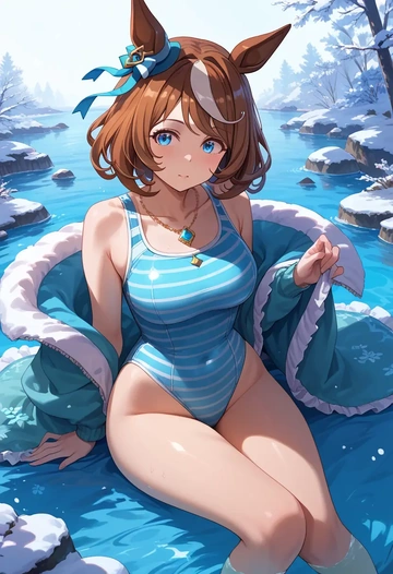 umamusume,super_creek_(umamusume),racerback swimsuit,striped trim,name tag patch  - AI generated anime art