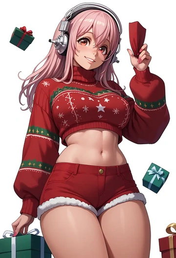 nitroplus,super_sonico,Christmas,red velvet shorts,turtleneck sweater  - AI generated anime art