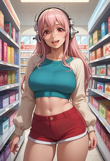 nitroplus,super_sonico,red velvet shorts  - AI generated anime art