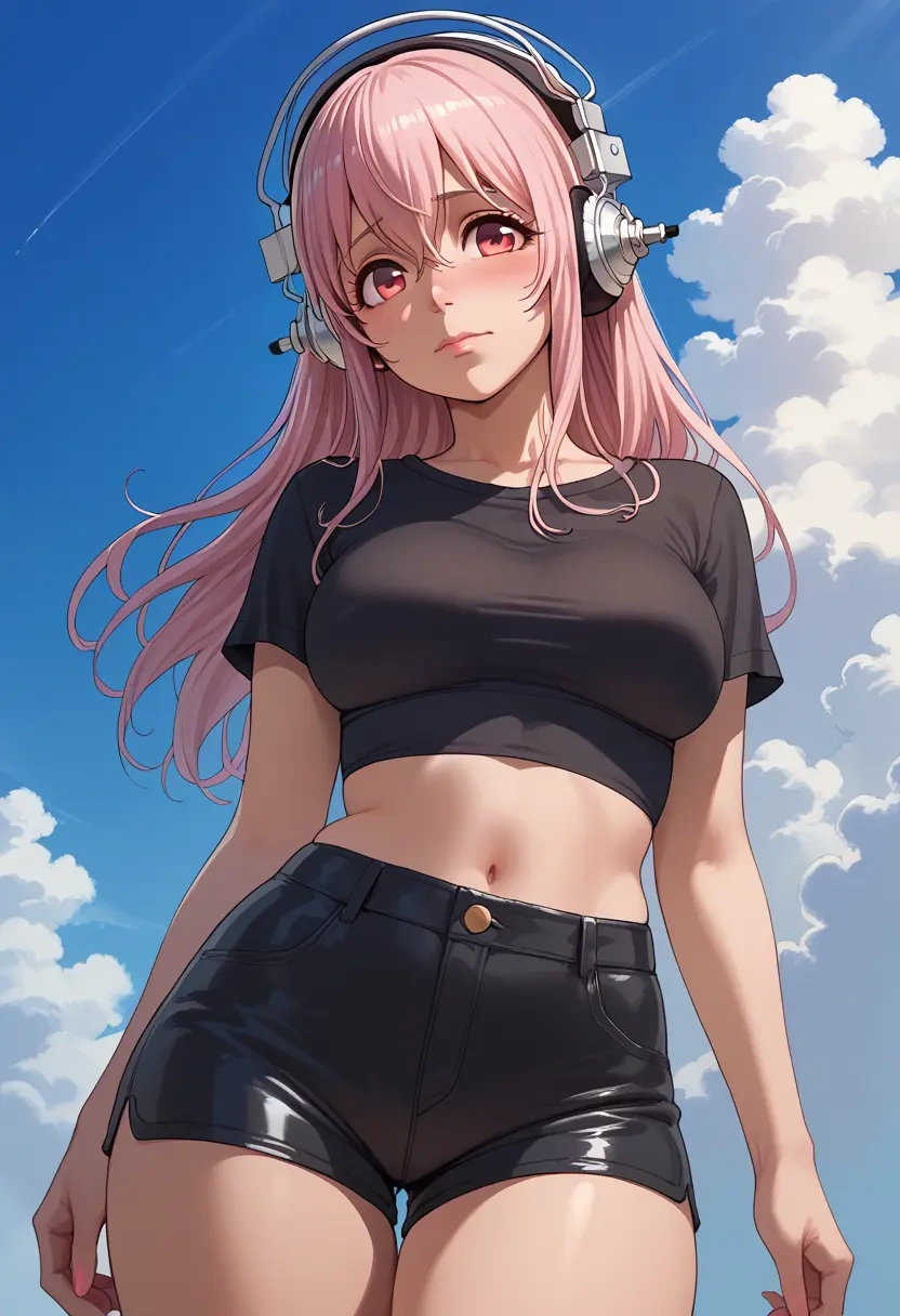 nitroplus,super_sonico,leather,shorts,crop top  - 