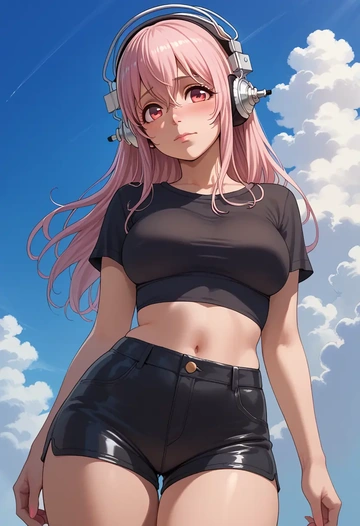 nitroplus,super_sonico,leather,shorts,crop top  - AI generated anime art