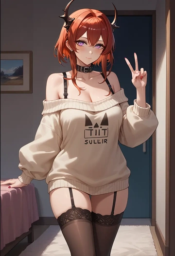 arknights,surtr_(arknights),blushing,collar,off-shoulder,sweater,stockings  - AI generated anime art