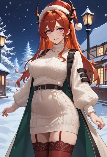 arknights,surtr_(arknights),Christmas,sweater dress,stockings  - AI generated anime art