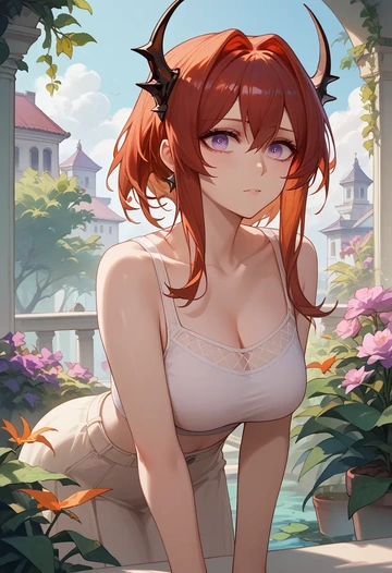 arknights,surtr_(arknights),crop top,loose joggers,headset  - AI generated anime art