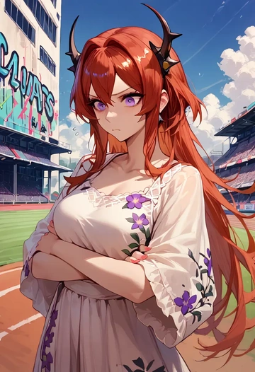 arknights,surtr_(arknights),floral graffiti blouse,dolphin shorts  - AI generated anime art