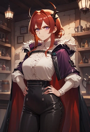 arknights,surtr_(arknights),cape,hooded,leather pants  - AI generated anime art