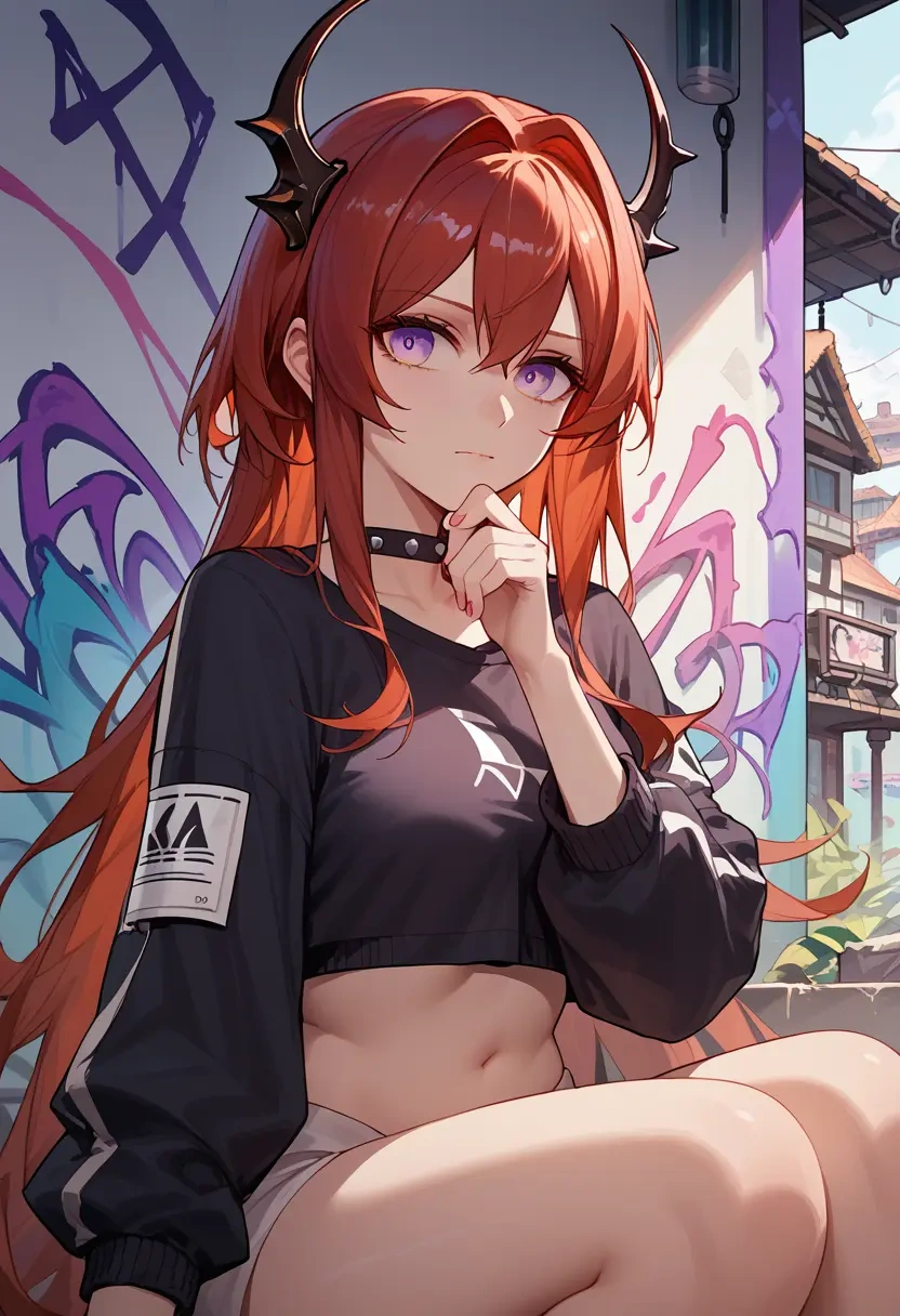 arknights,surtr_(arknights),cropped graffiti sweatshirt,dolphin shorts  - 