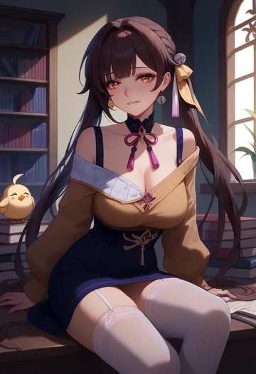 star rail,sushang,Biting lip,off-shoulder,sweater,stockings  - AI generated anime art