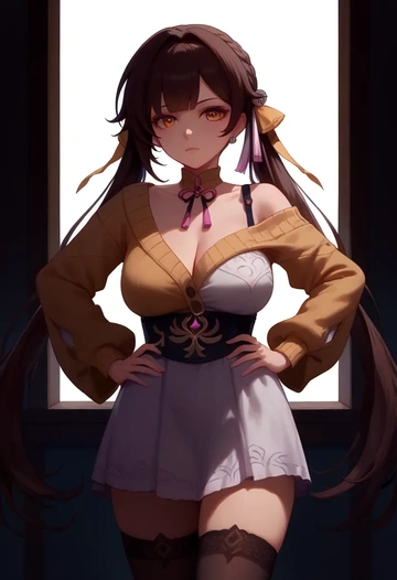 star rail,sushang,Hands on hips,off-shoulder,sweater,stockings  - AI generated anime art