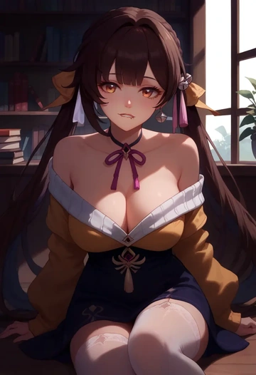 star rail,sushang,Biting lip,off-shoulder,sweater,stockings  - AI generated anime art