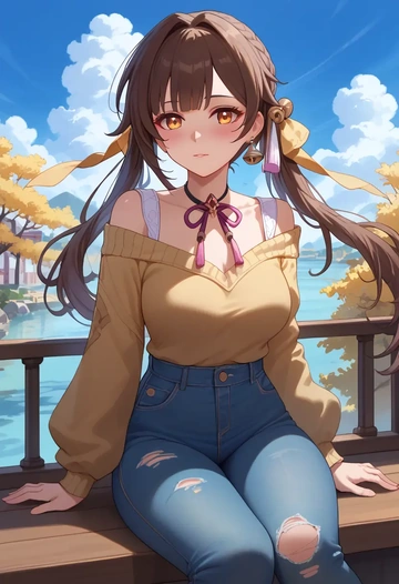 star rail,sushang,sweater,off-shoulder,ripped jeans  - AI generated anime art