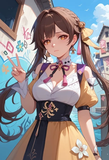 star rail,sushang,floral graffiti blouse,dolphin shorts  - AI generated anime art