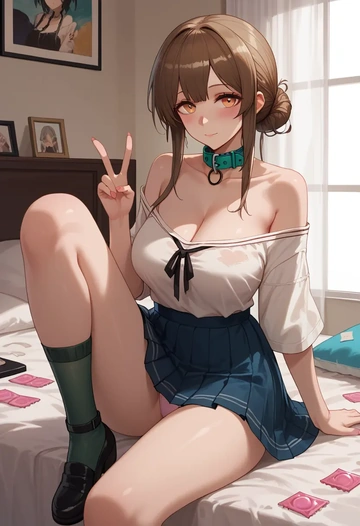 arknights,sussurro_(arknights),blushing,collar, peace sign, condom,mini skirt,Thigh garters  - AI generated anime art