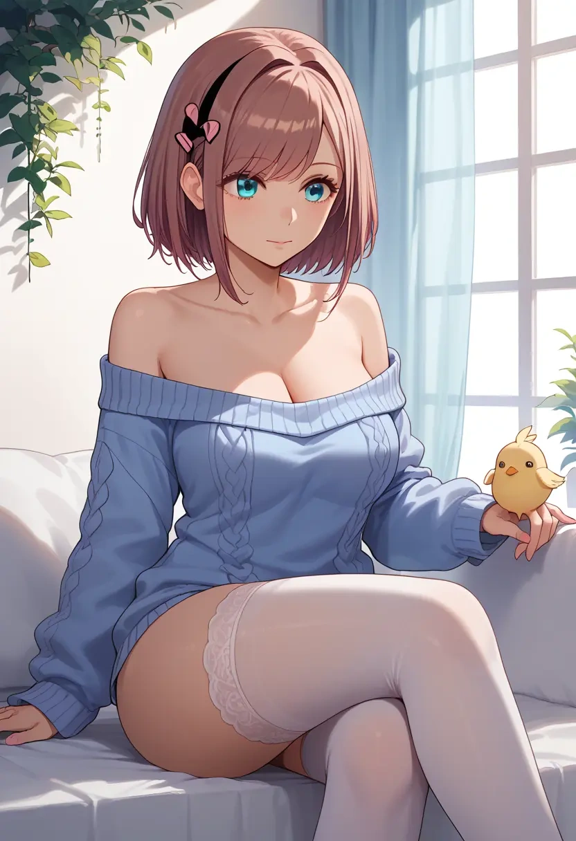 nijisanji,suzuhara_lulu,cross-legged,Head resting on hand,off-shoulder,sweater  - 