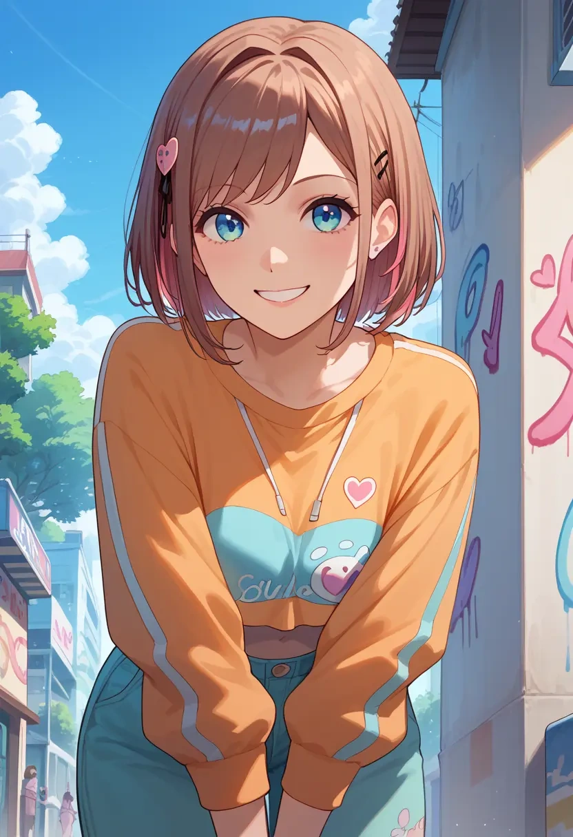 nijisanji,suzuhara_lulu,cropped graffiti sweatshirt,dolphin shorts  - 