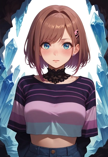 nijisanji,suzuhara_lulu,long-sleeve striped tee,pleated skirt,fishnet stockings  - AI generated anime art