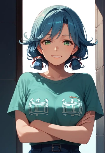 kantai_collection,suzukaze_(kancolle),handwritten script shirt,dolphin shorts  - AI generated anime art