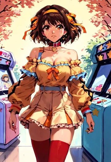 suzumiya_haruhi_no_yuuutsu,suzumiya_haruhi,collar,oversized,Thigh garters  - AI generated anime art