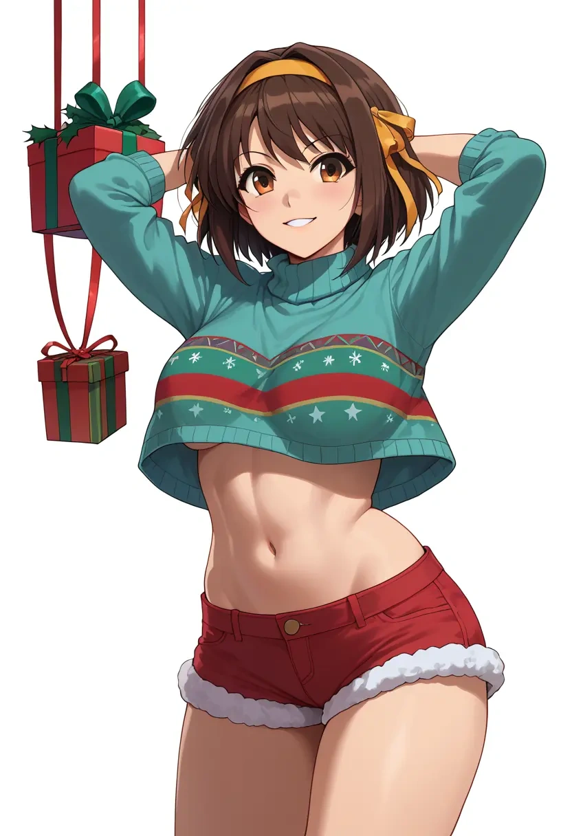 suzumiya_haruhi_no_yuuutsu,suzumiya_haruhi,Christmas,red velvet shorts,turtleneck sweater  - 