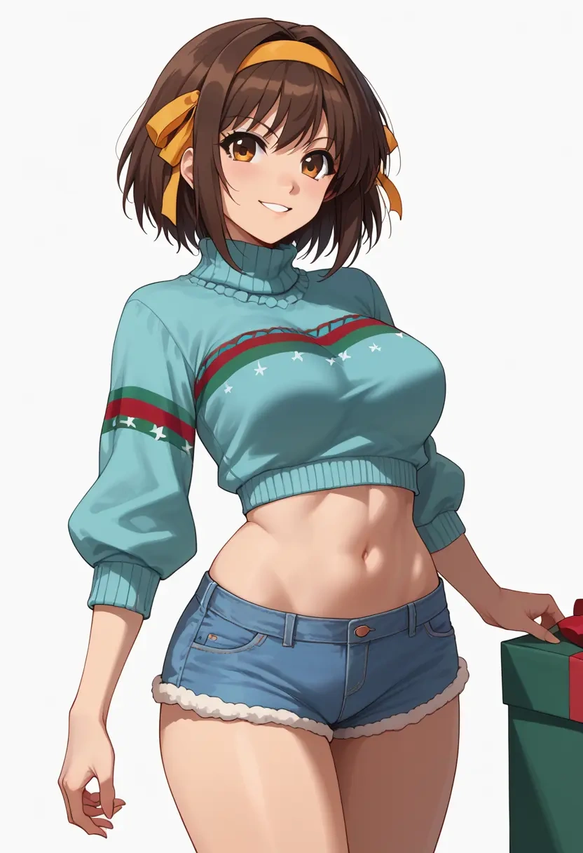 suzumiya_haruhi_no_yuuutsu,suzumiya_haruhi,Christmas,red velvet shorts,turtleneck sweater  - 