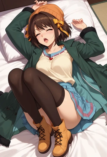 suzumiya_haruhi_no_yuuutsu,suzumiya_haruhi,winter,student uniform,duffle coat  - AI generated anime art