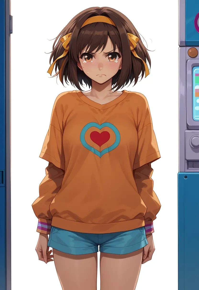 suzumiya_haruhi_no_yuuutsu,suzumiya_haruhi,graphic tee,shorts,sneakers  - 