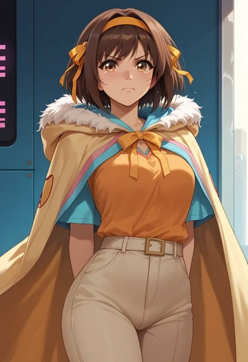 suzumiya_haruhi_no_yuuutsu,suzumiya_haruhi,cape,hooded,leather pants  - AI generated anime art