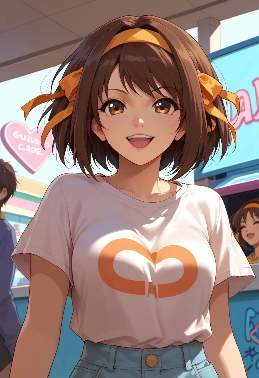 suzumiya_haruhi_no_yuuutsu,suzumiya_haruhi,crop graffiti tee,dolphin shorts  - 