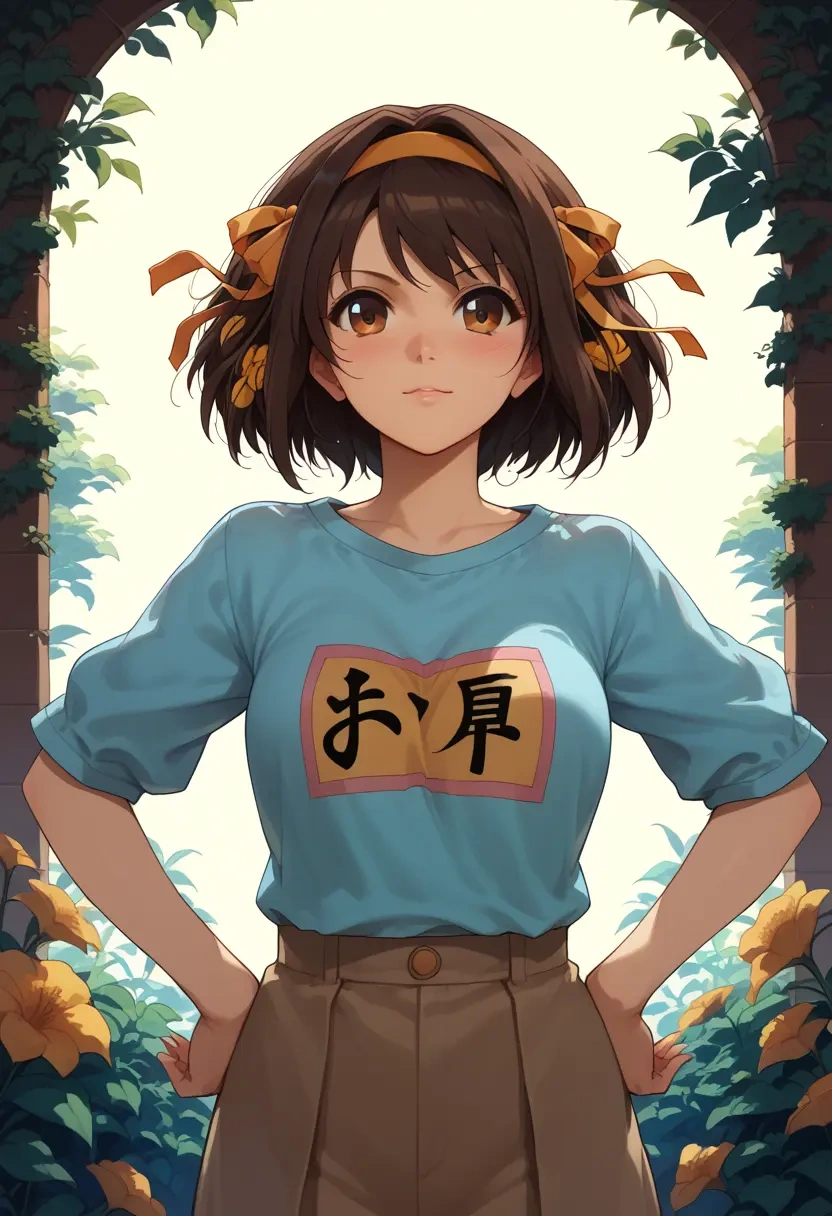 suzumiya_haruhi_no_yuuutsu,suzumiya_haruhi,handwritten script shirt,dolphin shorts  - 