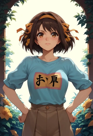 suzumiya_haruhi_no_yuuutsu,suzumiya_haruhi,handwritten script shirt,dolphin shorts  - AI generated anime art