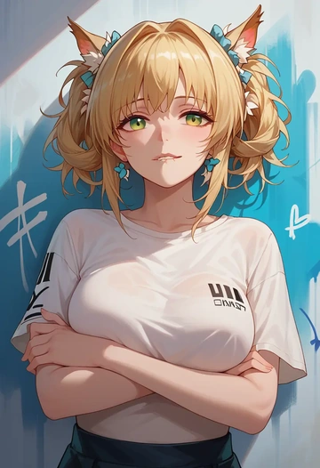 arknights,suzuran_(arknights),crop graffiti tee,dolphin shorts  - AI generated anime art