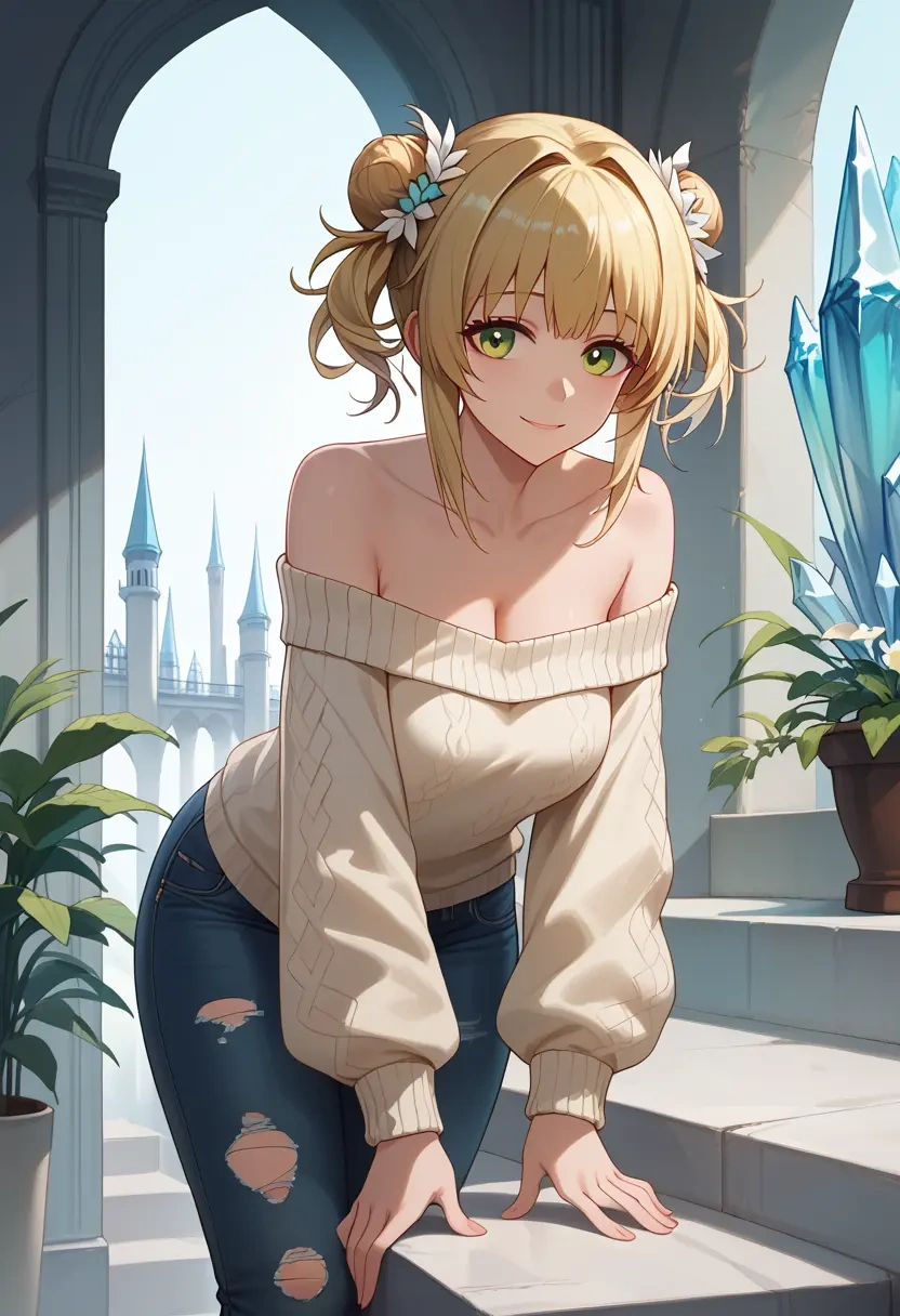 arknights,suzuran_(arknights),sweater,off-shoulder,ripped jeans  - 