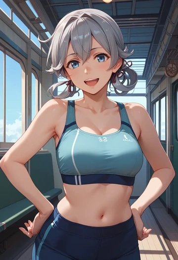 kantai_collection,suzutsuki_(kancolle),sports bra,wide-leg joggers  - AI generated anime art