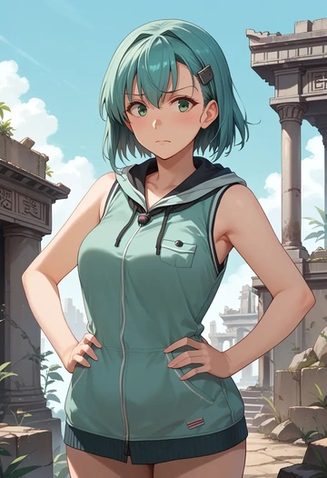 kantai_collection,suzuya_(kancolle),sleeveless hoodie,biker shorts  - AI generated anime art