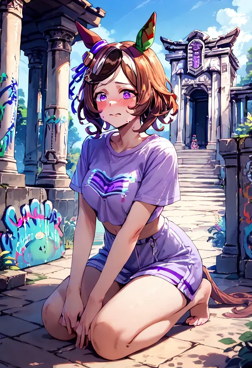 umamusume,symboli_rudolf_(umamusume),crop graffiti tee,dolphin shorts  - 